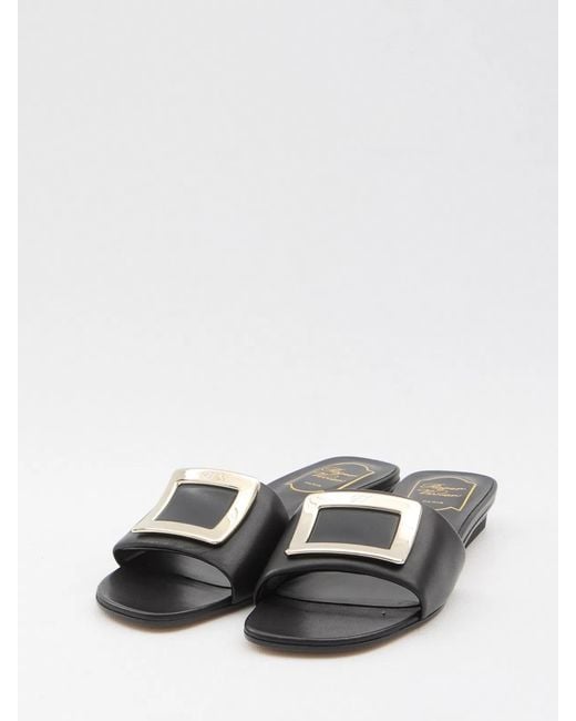 Roger Vivier White Square Buckle Leather Slides