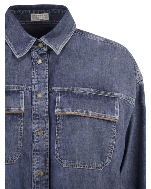 Brunello Cucinelli Blue Cropped Denim Shirt With Patch Pockets