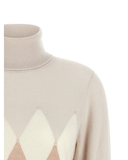 Ballantyne White 'New Diamond' Turtleneck Sweater With Diamond Intarsia