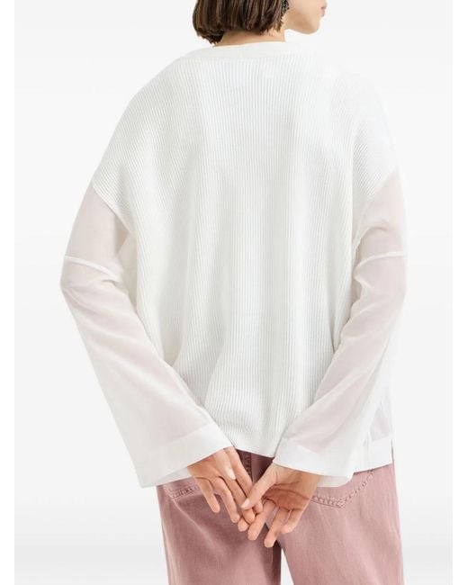Brunello Cucinelli White Ribbed Cardigan With Organza Sleeves