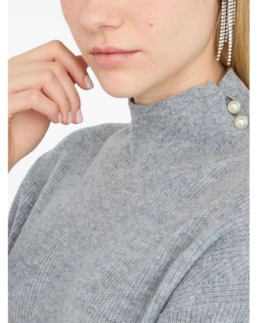 Liu Jo Gray Pearl Embellished Puff Sweater