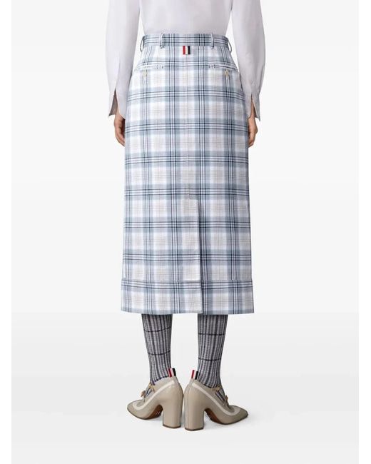 Thom Browne Blue Jupe Droite Sack En Coton Windowpane Plaid Bleu Glacier