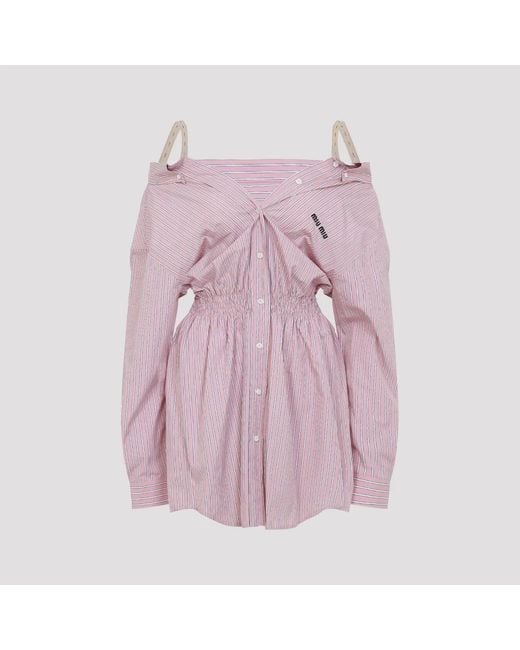 Miu Miu Purple Elasticated Waistband Striped Shirt Mini Dress