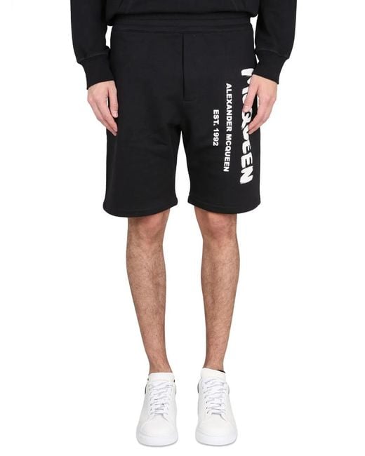 McQueen Black Bermuda Shorts With Graffiti Logo Print for men