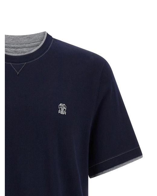 Brunello Cucinelli Blue Double Layer T-Shirt for men