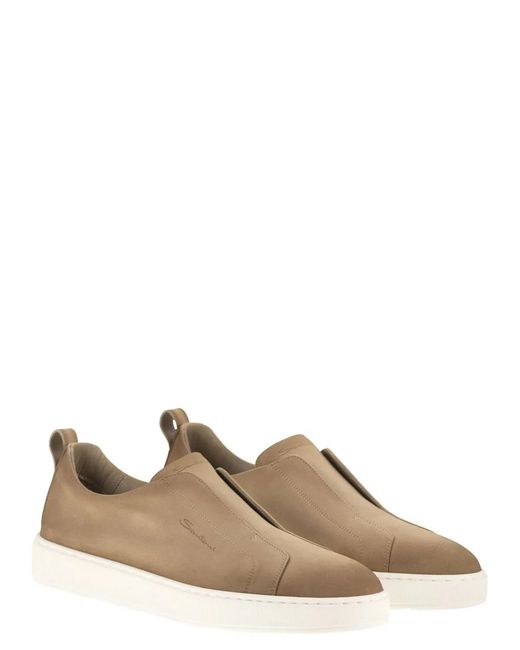 Santoni Brown Suede Leather Slip-On Trainers With Rubber Sole for men