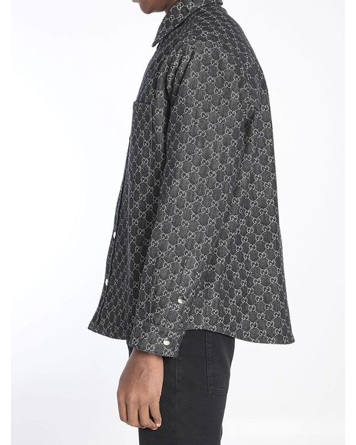 Gucci Gray Embrodiered Denim Reversible Shirt for men