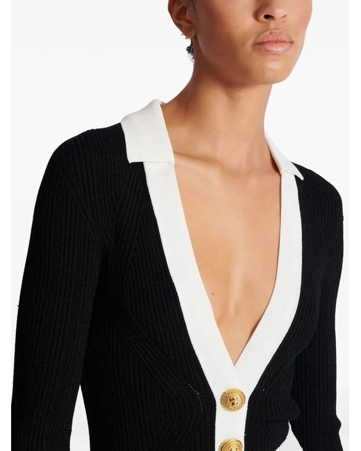 Balmain Black Long Sleeves V-Neck Flare Knit Dress