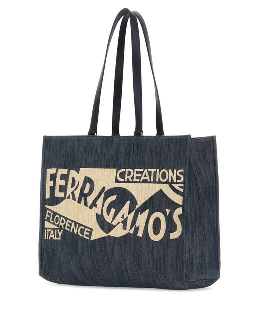 Ferragamo Black Denim Large Tt Sign Shopping Bag