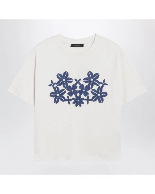 Weekend by Maxmara Blue Écru Cotton Jersey Tshirt With Embroidery