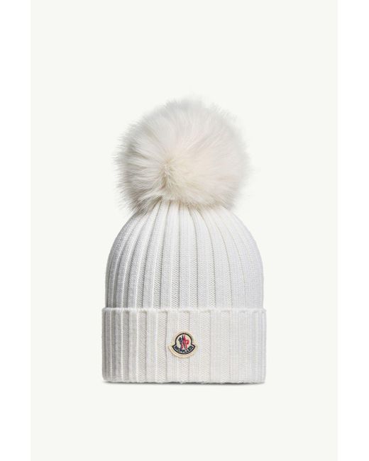 Moncler White Wool Cap With Synthetic Pompom