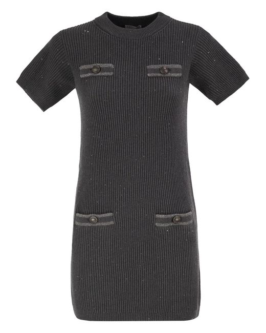 Brunello Cucinelli Black Ribbed Knit Dress With Sequins And Patch Pockets