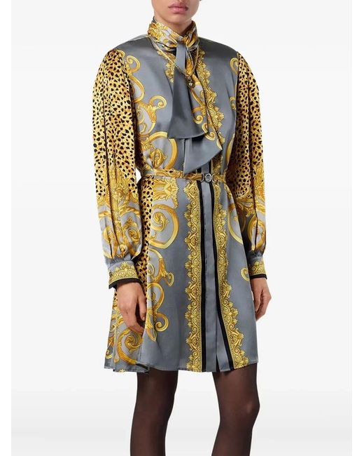 Versace Blue Dress Cheetah Foulard On Silk Crepe Satin Lw