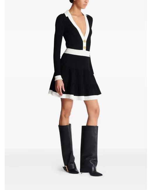 Balmain Black Long Sleeves V-Neck Flare Knit Dress
