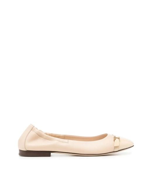 Tod's Natural T Logo Strap Leather Ballerinas