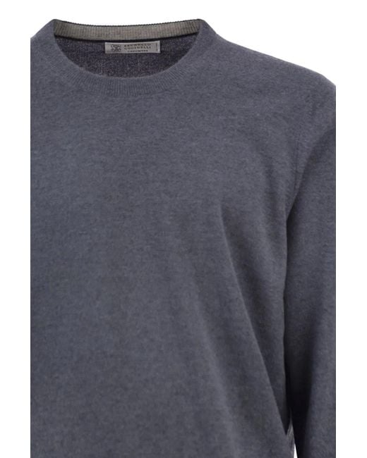 Brunello Cucinelli Blue Cashmere Crew Neck Sweater for men