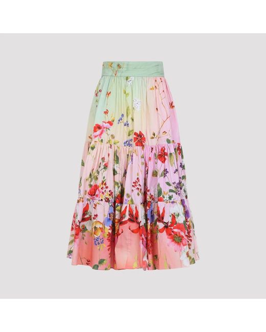 Roberto Cavalli Red Miami Flowers Cotton Midi Skirt