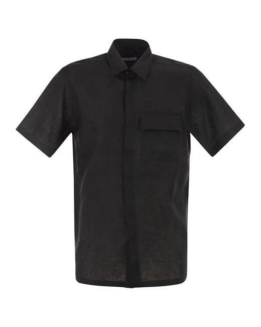 PT Torino Black Short-Sleeved Linen Shirt for men