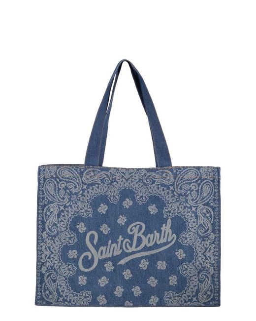 Mc2 Saint Barth Blue Denim Beach Tote Bag With Bandana Print