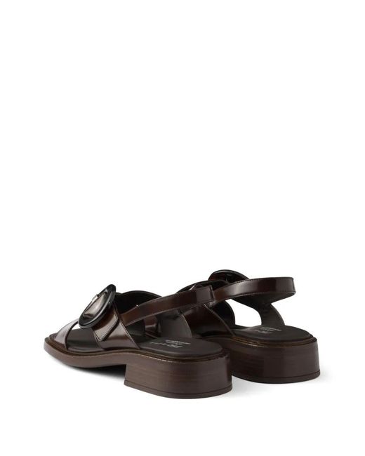 Prada Black Brushed Leather Crisscross Band Sandals With Plexiglas Buckle Shoes