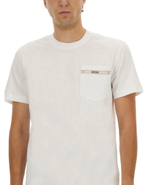 Moschino White T-Shirt With Logo Ribbon for men
