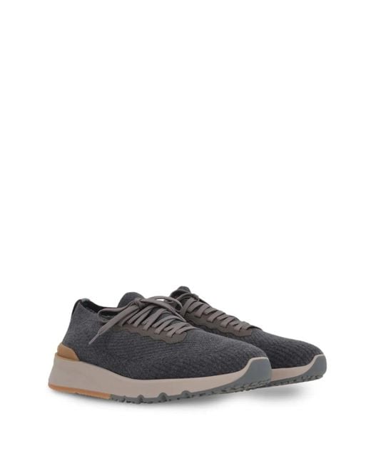 Brunello Cucinelli Gray Stretch-Knit Sock Sneakers Featuring Leather Trim And A Chunky Rubber Sole for men