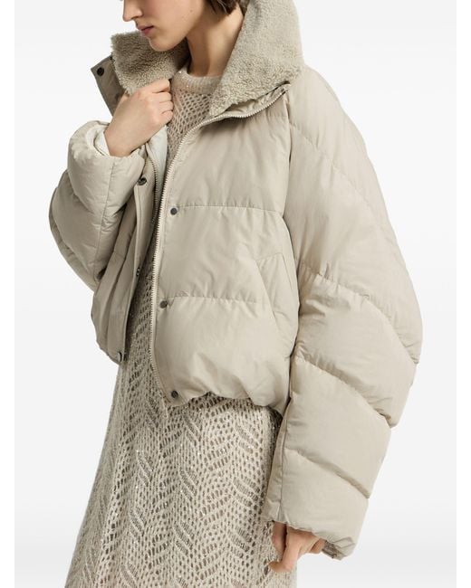 Brunello Cucinelli White Techno Cotton Taffeta Down Jacket With Detachable Shearling Insert And Monili