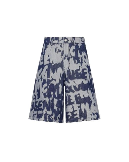 McQueen Blue Denim Shorts Graffiti for men
