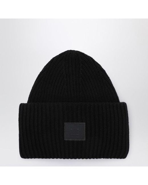 Acne Black Large Face Logo Beanie for men