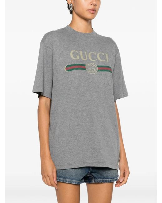 Gucci Gray Cotton T-Shirt With Printed Logo for men