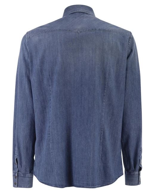 Peserico Blue Lightweight Cotton Denim Shirt With Patch Pockets for men