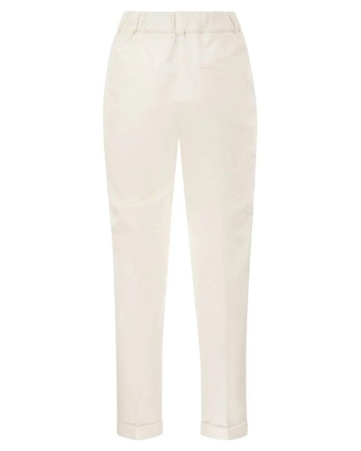 Peserico White Stretch Cotton Tapered Trousers With Elasticated Waistband