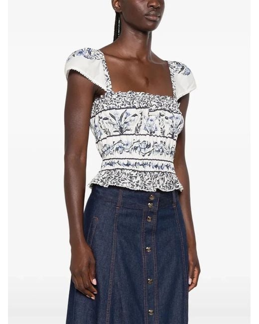 Farm Rio White "Flowers Arch" Off- Gatherend Blouse