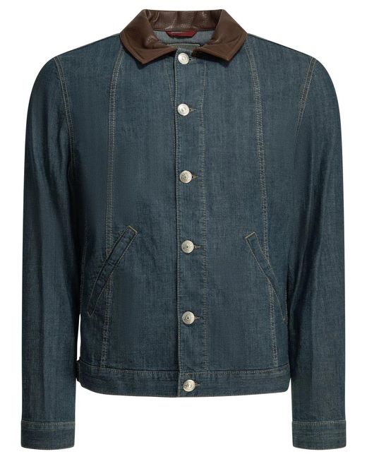 Brunello Cucinelli Blue Denim Jacket With Leather Collar for men