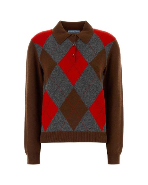 Prada Red Geometric Shirt Collar Sweater