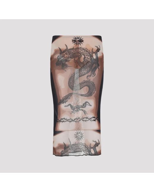 Jean Paul Gaultier Brown Safe Sex Tattoo Polyamide Midi Skirt