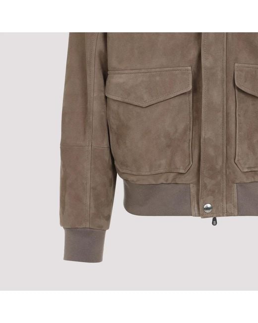 Brunello Cucinelli Brown Leather Bomber Jacket for men