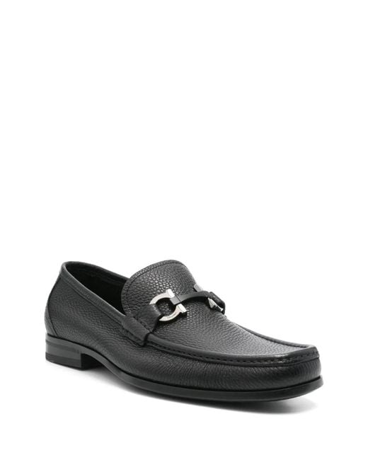 Ferragamo Black Leather Grandioso Gancini Flat Shoes for men