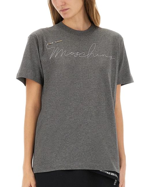 Moschino Gray T-Shirt With Embroidered Logo