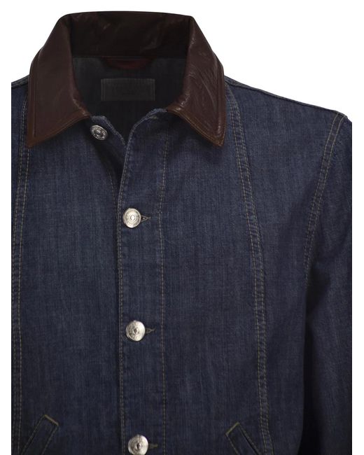 Brunello Cucinelli Blue Lightweight Denim Jacket With Leather Collar for men