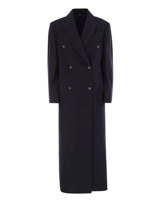 Brunello Cucinelli Blue Long Wool Coat With Jewellery