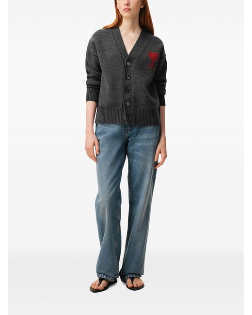 AMI Black Wool V Neck Cardigan for men