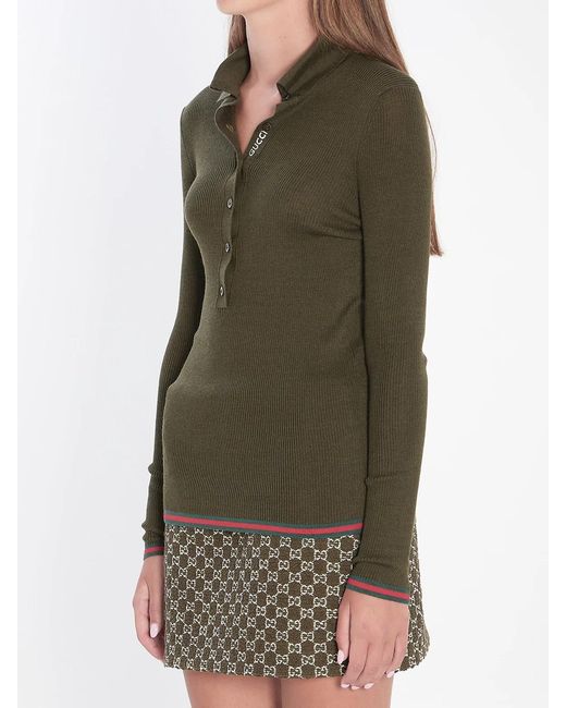Gucci Green Cashmere And Silk Polo With Web