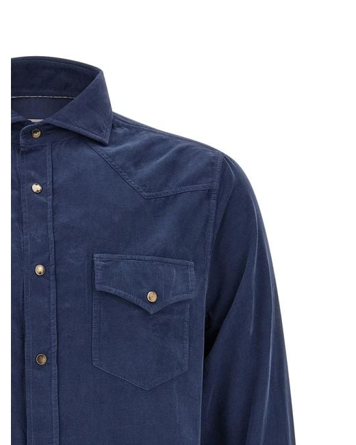Brunello Cucinelli Blue Corduroy Shirt for men