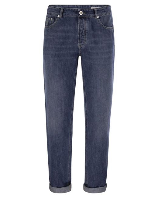 Brunello Cucinelli Blue Five-Pocket Traditional Fit Trousers for men