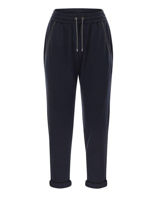 Brunello Cucinelli Blue Cotton And Silk Interlock Trousers With Shiny Pocket Detail