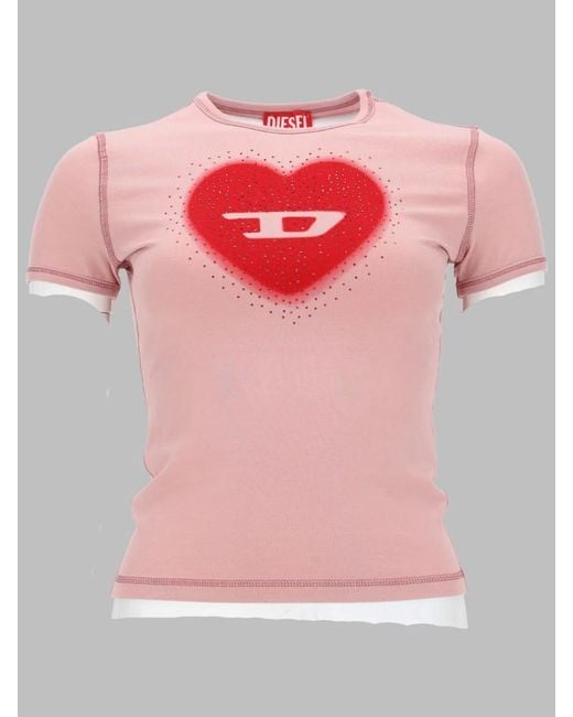 DIESEL Pink T-Shirt Con Stampa A Cuore E Borchie