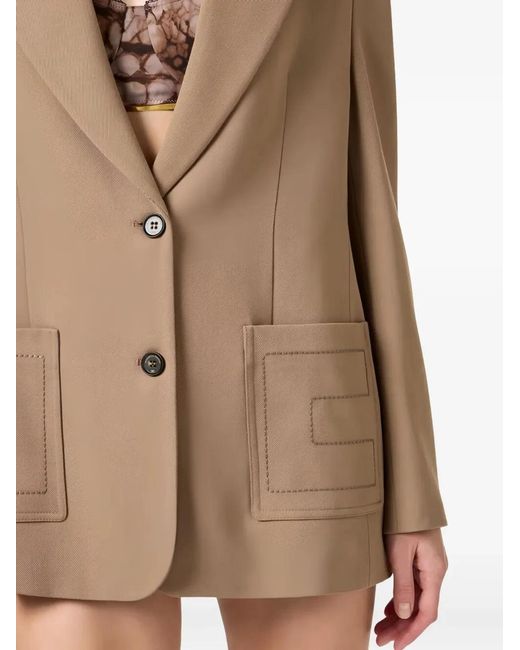 Elisabetta Franchi Natural Single-Breasted Gabardine Blazer With Embroidered Pockets