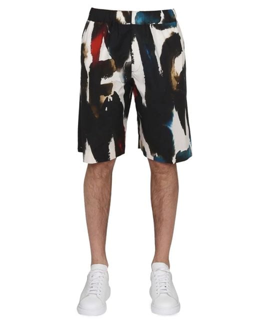 McQueen Black Bermuda With Logo Print for men