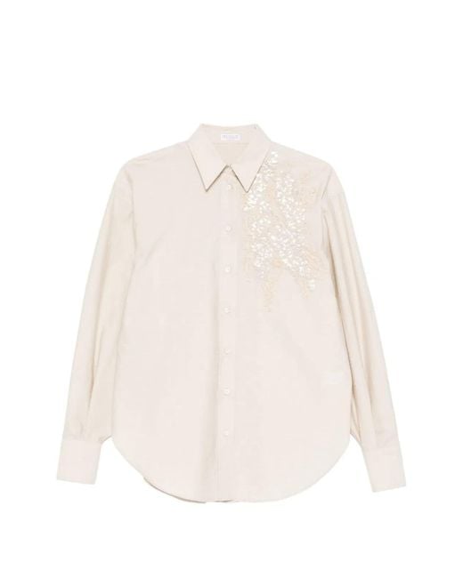 Brunello Cucinelli White Shirt With Floral Embroidery And Sequins